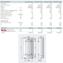 medidas y caracteristicas tecnicas ariston velis 100 WIFI