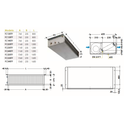 Esquema de dimensiones Fancoil Conducto 150 Pa de 2 tubos FERCO FC120TY