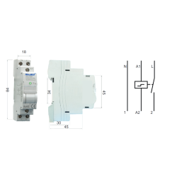 Esquema y dimensiones Telerruptor 1P para Carril DIN REVALCO