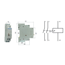 Esquema y dimensiones Telerruptor 2P para Carril DIN REVALCO RV32IR162P