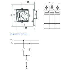 Dimesin y esquema de conexion Sobretensiones Transitoria Monofásica Fotovoltaica REVALCO 3P