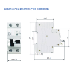 Dimensiones generales y de instalación Diferencial y Magnetotérmico Industrial 2P 6A 30mA REVALCO AC