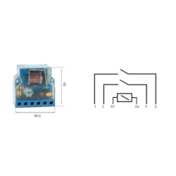 Medidas y conexiones Telerruptor de Pastilla 1NO+1NC 230V REVALCO RRIO22-230