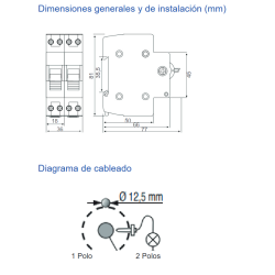 Dimensiones generales y diagrama de cableado Seccionador de maniobra REVALCO 1P RV382163