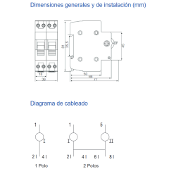 Dimensiones generales y diagramas de cableado Conmutador de maniobra REVALCO 1P RV383163