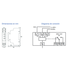 Dimensiones y diagramas de conexión Control Tensión Trifásico+Neutro REVALCO RTMN (AC)
