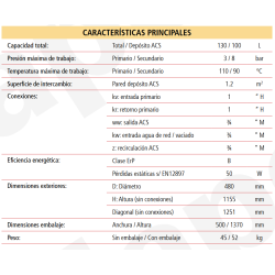 FICHA TÉCNICA Acumulador ACS LAPESA GEISER INOX GX6D130