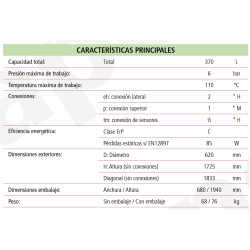 Ficha técnica Depósito de Inercia LAPESA GEISER INERCIA G370I