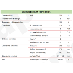 Ficha técnica Depósito de Inercia LAPESA GEISER INERCIA GX4-500IF