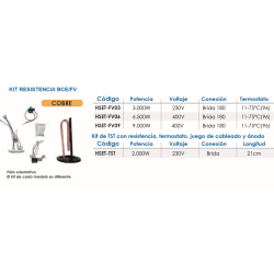 Ficha técnica Resistencia eléctrica con Termostato y Cableado 9Kw BCE FV FERCO