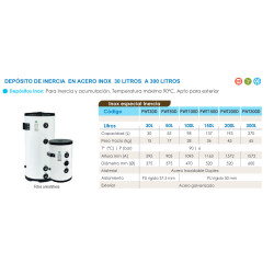 Especificaciones técnicas del Depósito de Inercia Inox FERCO PWT30D