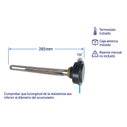 resistencia 1.500 W monofásica 1 ¼" inox con termostato y caja estanca