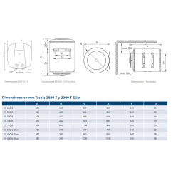 Medidas y conexines Termo Eléctrico BOSCH Tronic 2000 T 50