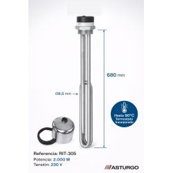 medidas Resistencia de inmersión ASTURGO RIT-305 2000W 230V Inox 68 cm con termostato + RIC-101