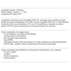 Especificaciones técnicas Acumulador ACS INOX PREMIUM SUICALSA DAB250X07RFP