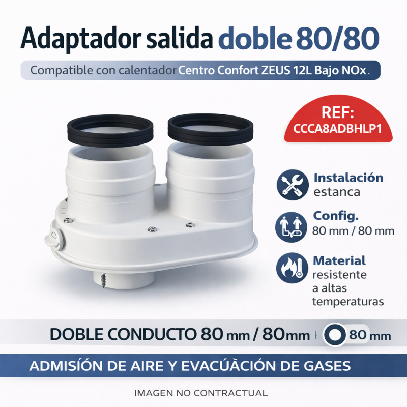 Adaptador salida doble 80/80 para calentador Centro Confort ZEUS 12L Bajo NOx