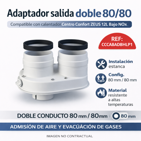 Adaptador salida doble 80/80 para calentador Centro Confort ZEUS 12L Bajo NOx