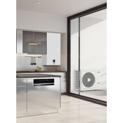 Unidad exterior aerotermia Ferroli instalada en vivienda