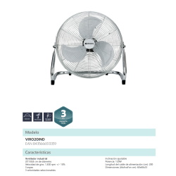 Especificaciones técnicas del Ventilador Industrial JOHNSON VIRO20IND