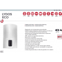 Termo eléctrico  Lydos Eco Blu, 1500 W, Capacidad 100 L, Protección  anticorrosión de titanio, Aviso de 1ª ducha caliente, Blanco