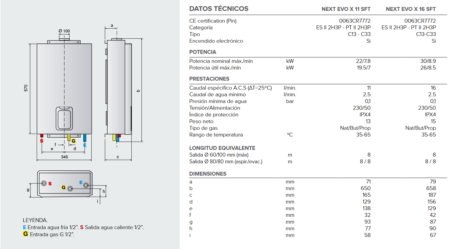 Especificaciones técnicas y Prestaciones del Calentador ARISTON NEXT EVO X SFT 11 EU Butano