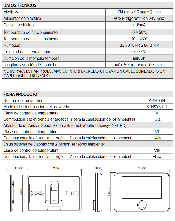 Especificaciones técnicas Termostato WiFi ARISTON SENSYS HD