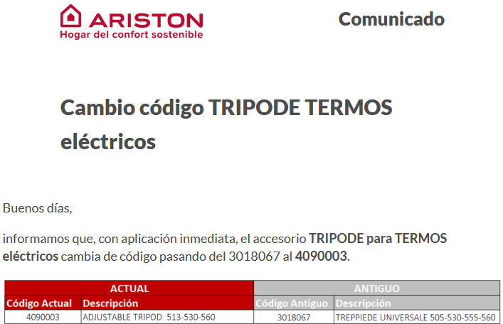 nuevo código tripode ariston 3018067TRIPODE para TERMOS eléctricos cambia de código pasando del 3018067 al 4090003