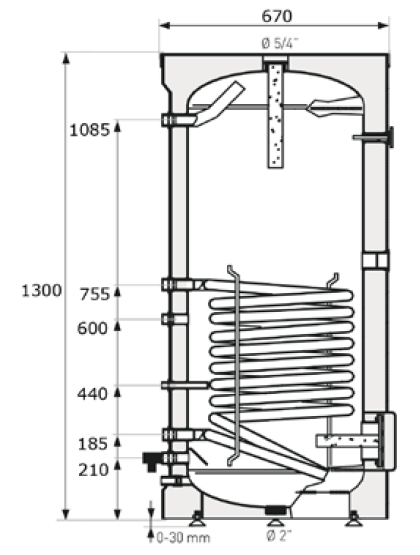 Características técnicas Especificaciones del serpentin Pmax de trabajo: 16 bar/ Tª max de trabajo 110ºC Superfície intercambio: 1.4 m2 / Volumen intercambiador: 9.8 l. Tubo intercambiador: Ø33.7x2.6 mm (1") Potencia (70/10/45ºC): 33.6 kW / (80/10/45ºC): 44.8 kW Demanda agua caliente primario: 3.0 m3/h