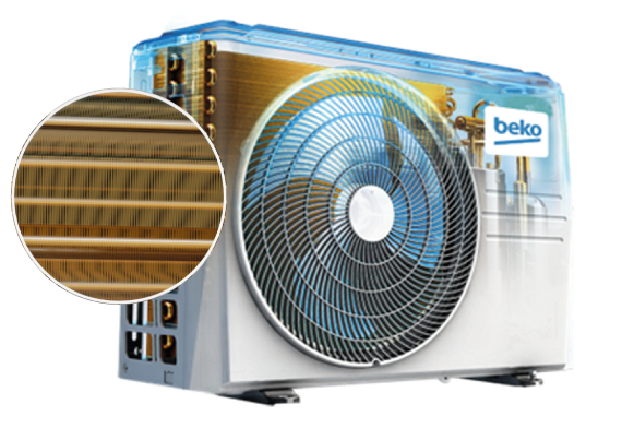 Protección Goldguard: mayor durabilidad frente a la corrosión El Aire Acondicionado BEKO BEHPG 90/91 con WiFi incorpora el revestimiento anticorrosivo Goldguard en el evaporador y el condensador. Esta protección dorada está pensada para aumentar la resistencia del equipo frente a agentes externos como humedad, lluvia, aire salino y otros elementos corrosivos.  Gracias a esta protección, el equipo puede mantener un rendimiento óptimo durante más tiempo, aumentando su durabilidad y protegiendo la inversión.  Más resistencia, más vida útil y mayor tranquilidad.