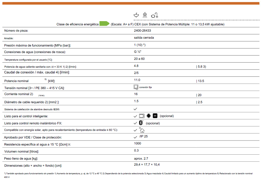 Ficha técnica calentador electrico instantaneo britec clage cex9 Potencia kW / V 6,6-8,8 /220-240 Presión máxima de funcionamiento (MPa (bar)) 1 (10) Conexiones de agua G 1/2 " Caudal agua caliente (l / min) 2,9 Caudal de conexión / máx. caudal (l/ min) 2/5 Corriente nominal (A) 29 Diámetro de cable necesario (mm2) 4-6 Resistencia al agua específica a 15 ° C (Ωcm) ≥ 1100 Dimensiones del Producto (mm) 294x177x108 Peso con agua (Kg.) 2,7