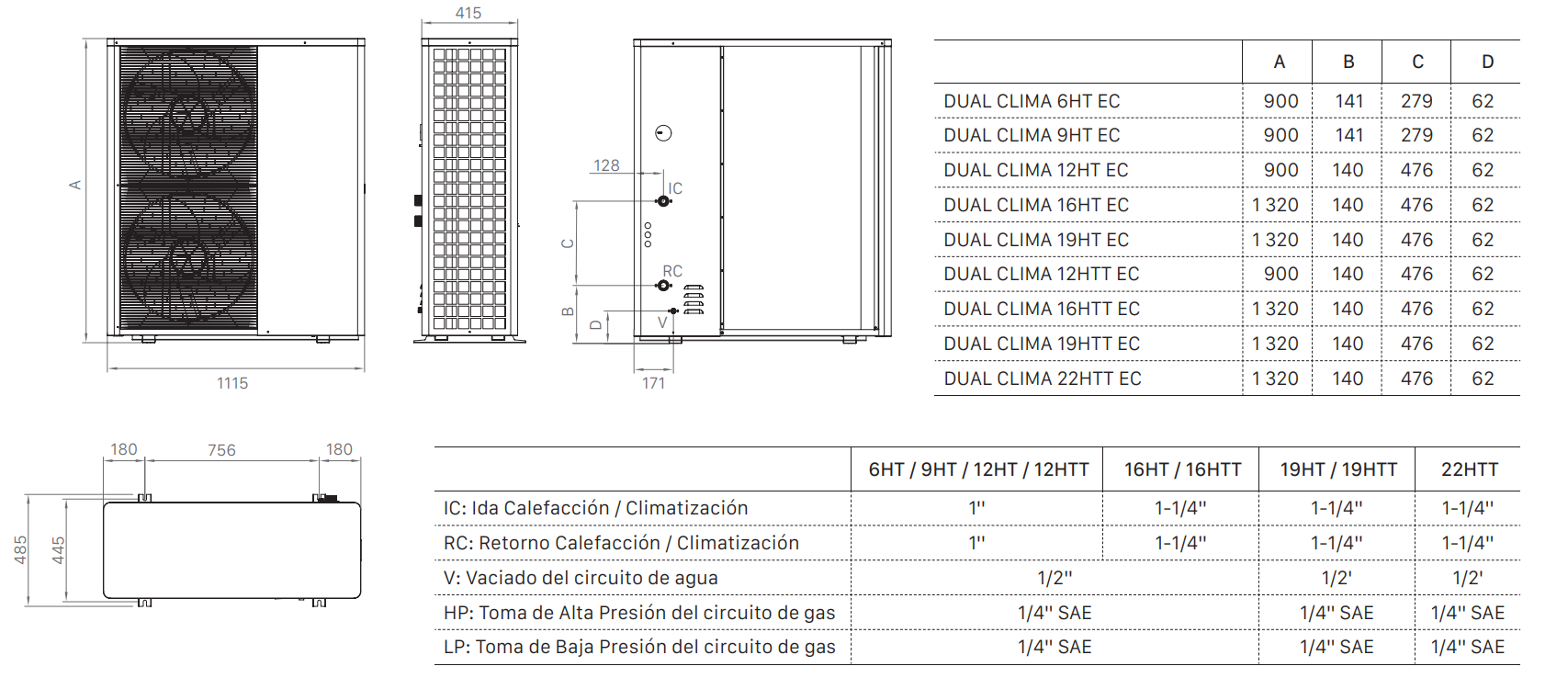 Especificaciones técnicas de la Bomba de Calor Aerotérmica DOMUSA DUAL CLIMA 9HT EC