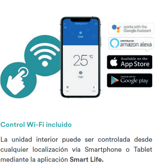 Control Wi-Fi incluido La unidad interior puede ser controlada desde cualquier localización vía Smartphone o Tablet mediante la aplicación Smart Life.