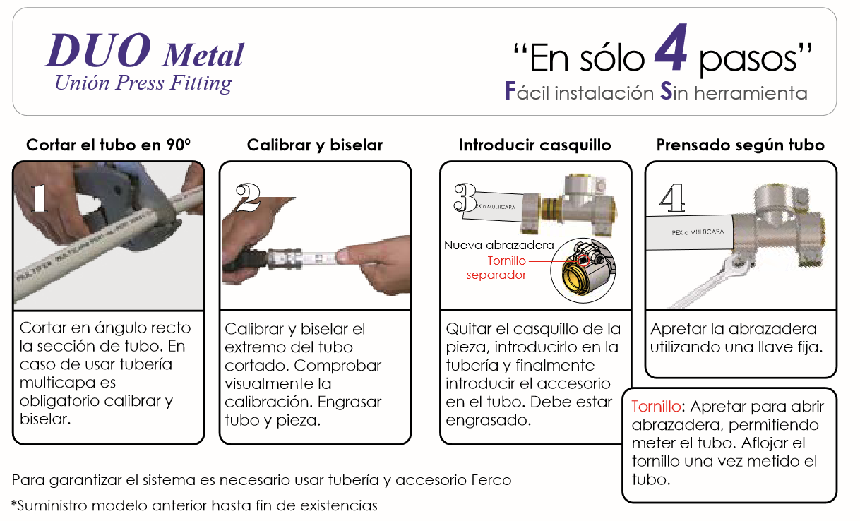 El sistema Press Fitting de este racor permite una instalación rápida y sencilla, utilizando herramientas manuales estándar sin la necesidad de equipos complejos. Este sistema de unión para tuberías de PEX y Multicapa es muy versátil, ya que permite un 50% de reducción en el stock de fittings al ser compatible con ambos tipos de tubería.