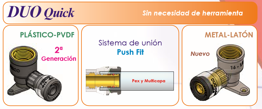 Fabricado en latón de alta calidad (CW617N) y diseñado para soportar temperaturas de hasta 95ºC, este codo móvil garantiza durabilidad y resistencia en instalaciones de climatización y calefacción. Su diseño interno optimizado maximiza el caudal, y la tecnología Push Fit elimina la necesidad de herramientas, permitiendo conexiones rápidas y confiables. Además, el sistema DUO Quick reduce en un 50% el stock de fitting, optimizando el almacenamiento y los recursos en las instalaciones.