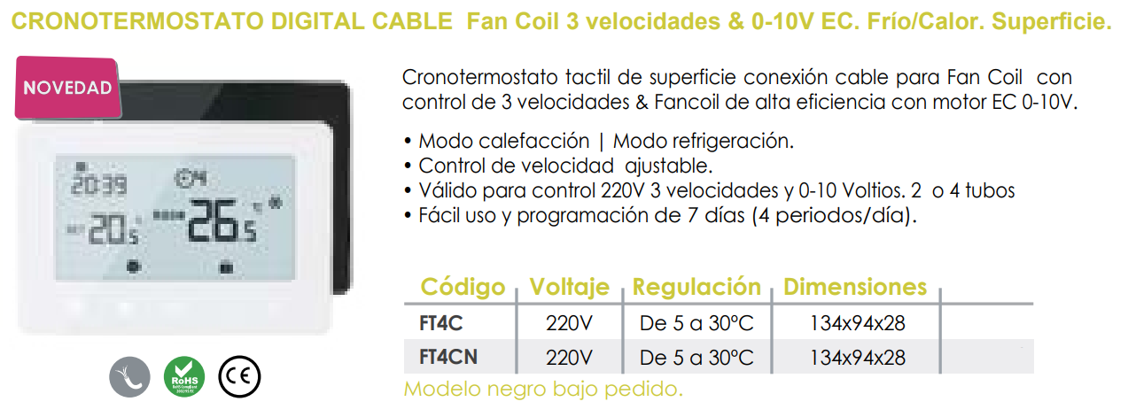 Especificaciones técnicas del Cronotermostato Digital Frío/Calor FERCO FT4C