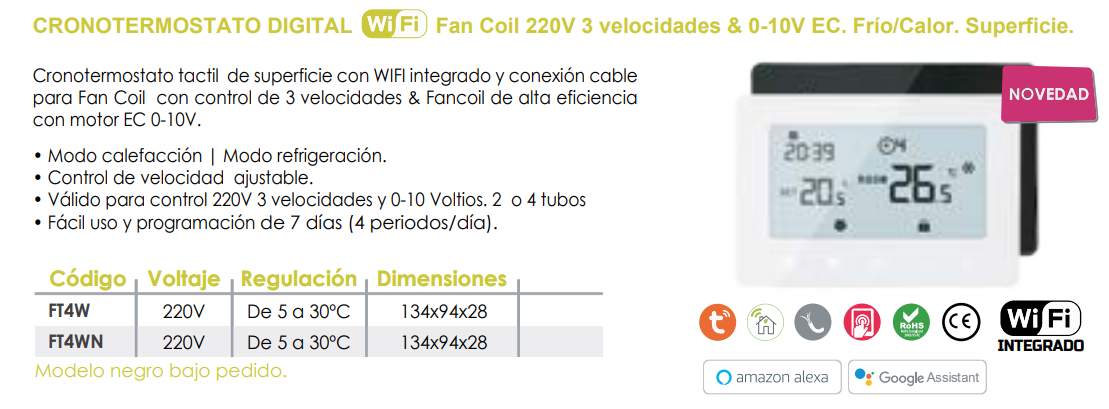 Especificaciones técnicas del Cronotermostato Digital Frío/Calor WiFi FERCO FT4W