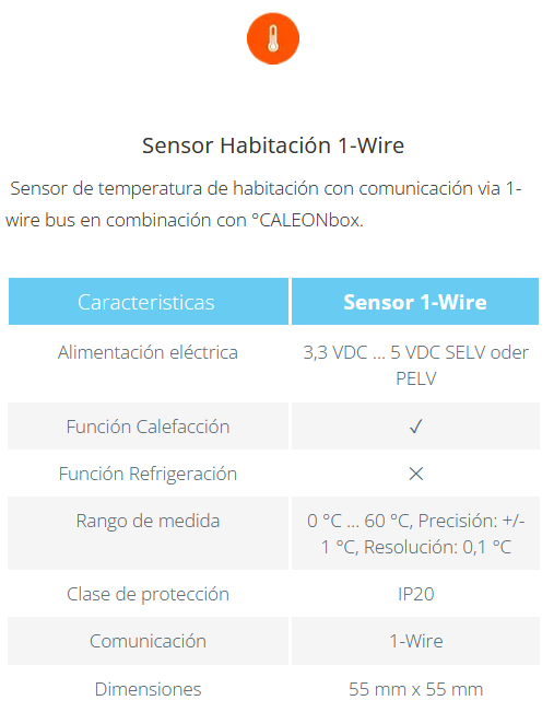 Especificaciones técnicas del Sensor de Habitación Calefacción FERCO 1-Wire