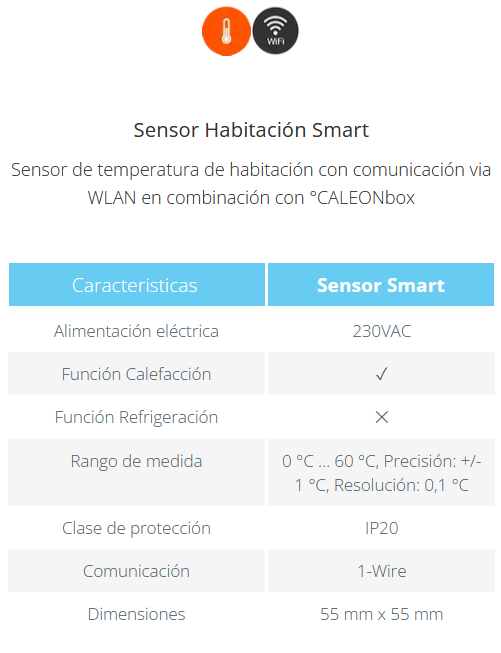 Especificaciones técnicas del Sensor de Habitación Calefacción FERCO Smart