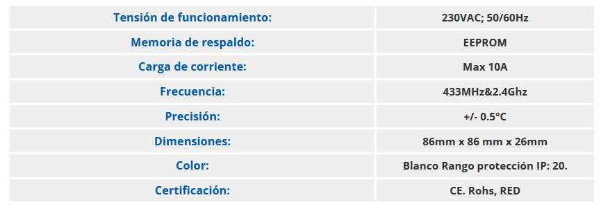 Especificaciones técnicas del Cronotermostato WIFI sin cable Frío+Calor FERCO GN1T