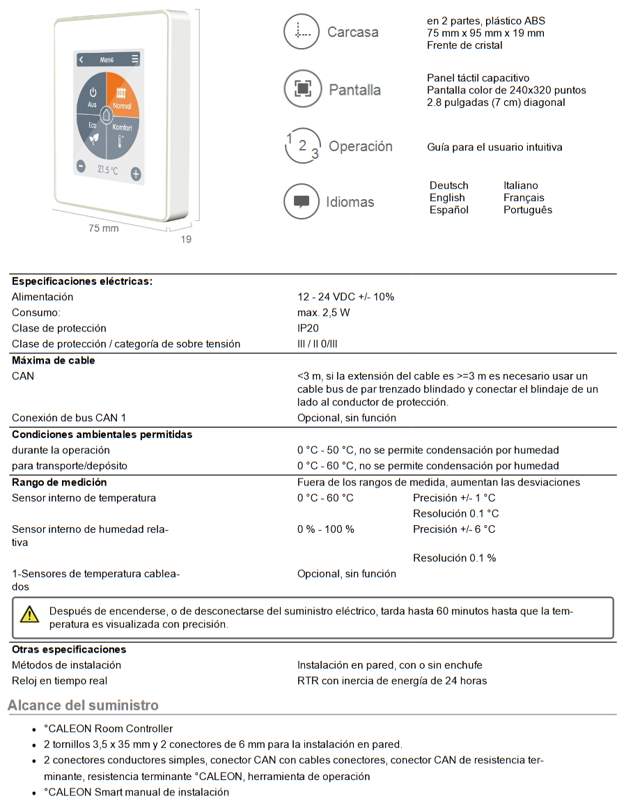 Especificaciones técnicas del Control de habitación WiFi FERCO Caleon Smart Solo calor