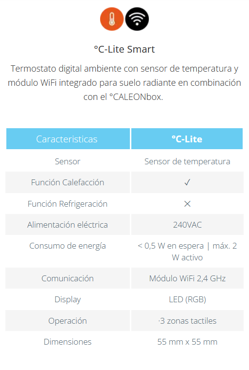 Especificaciones técnicas del Termostato Digital Ambiente Calefacción FERCO C-Lite Smart