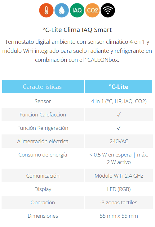 Especificaciones técnicas del Termostato Digital Ambiente Frío/Calor FERCO C-Lite Clima IAQ Smart