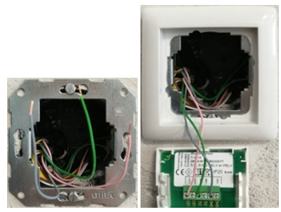 Mount the sensor in a suitable location. Pay attention to suitable environmental conditions. Dir- ect sunlight, sources of heat and cold, e.g. radiators and windows must be avoided. Mounting on Pastic Wall Socket Using the enclosed screws (3.0 x 16) fix the mounting frame to the switch box. Open the terminals with a screwdriver and make the electrical connection as described below.