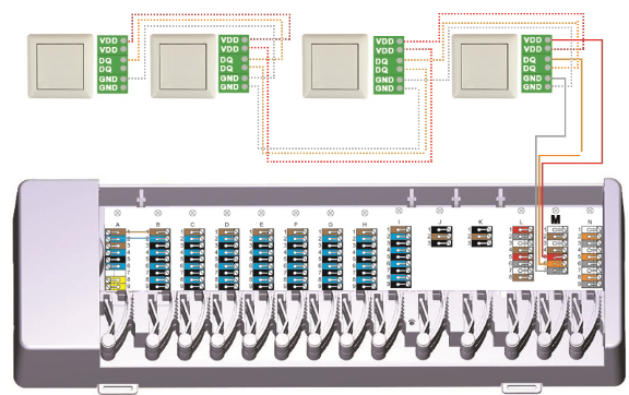 Ejemplo 1: Conexión en serie. Los cables de instalación van de un sensor al siguiente.