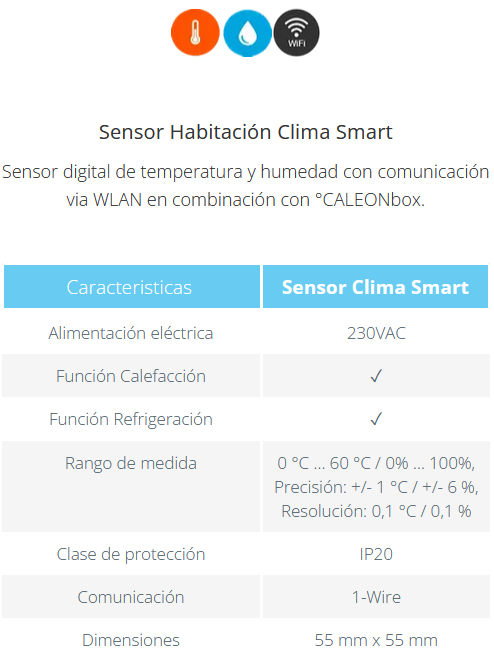 Especificaciones técnicas del Sensor de Habitación FERCO Clima Smart frío/calor