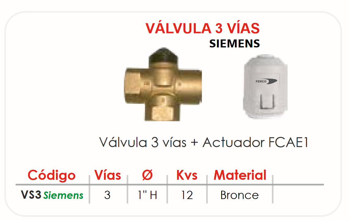 Especificaciones técnicas Válvula 3 vías SIEMENS + Actuador FERCO FCAE1