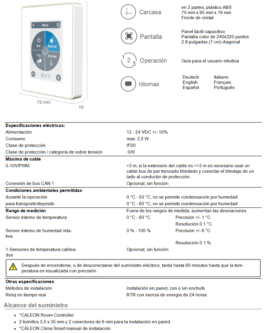 Especificaciones técnicas del Control de habitación WiFi FERCO Caleon Clima Smart frío/calor