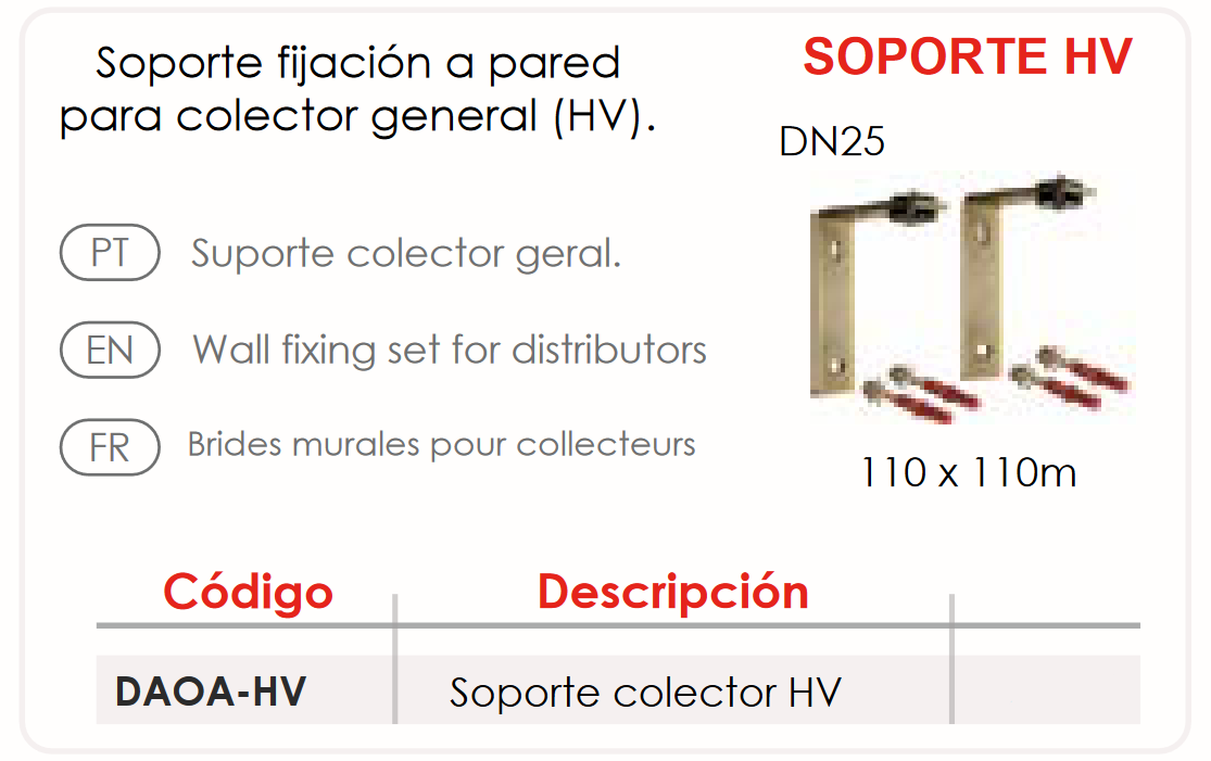 Especificaciones técnicas del Soporte Fijación Pared para Colector General FERCO DAOA-HV