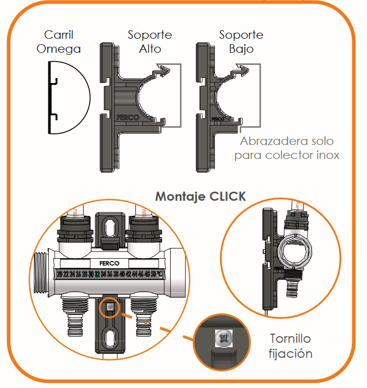 Para completar el conjunto, este colector viene con un soporte plástico click, que facilita su instalación y mejora la visibilidad durante el montaje y el mantenimiento.