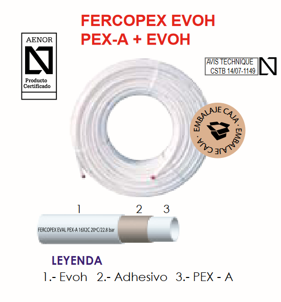 Fabricada en polietileno reticulado PEX-A con barrera antidifusión de oxígeno EVOH que minimiza la corrosión y aumenta la durabilidad de la instalación. Esta tubería de alta resistencia cumple con las normas UNE-EN ISO 15875 y cuenta con certificación AENOR, proporcionando resistencia a temperaturas y presiones elevadas.